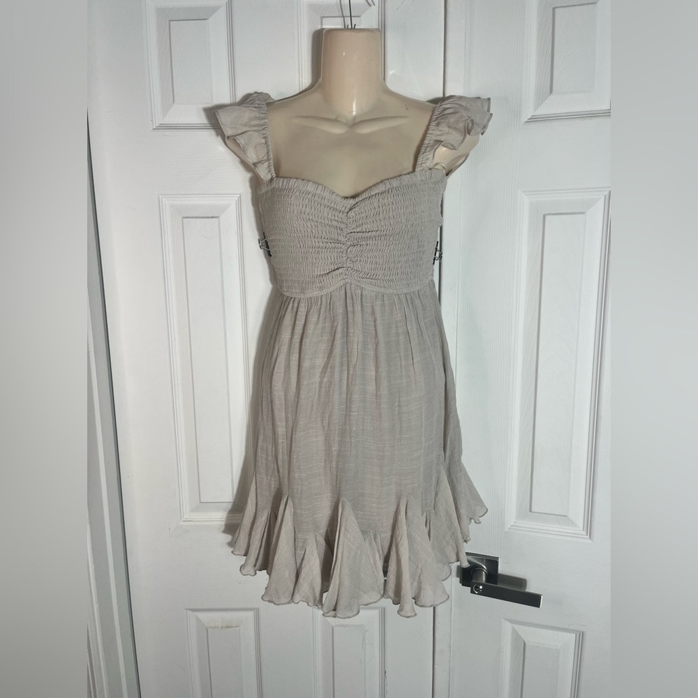 Aakaa Beige Ruffle Sleeve Mini Dress